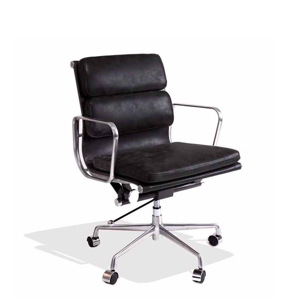 Eames Style Executive Soft Pad Low Back Office Chair (Premium PU Black/Brushed Aluminium Frame)