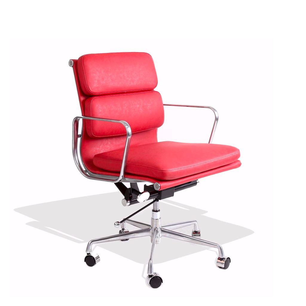 Eames Style Executive Soft Pad Low Back Office Chair (Premium PU Red/Brushed Aluminium Frame)