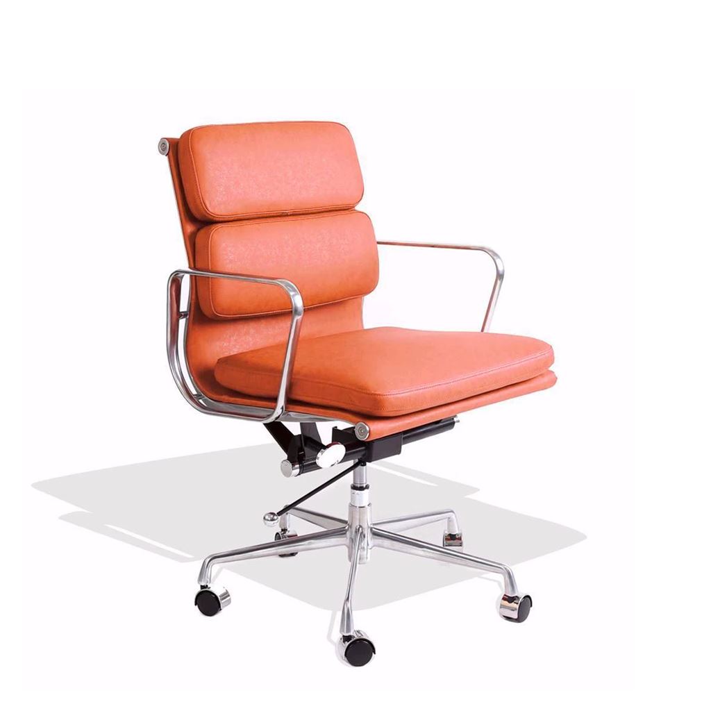 Eames Style Executive Soft Pad Low Back Office Chair (Premium PU Tan/Brushed Aluminium Frame)