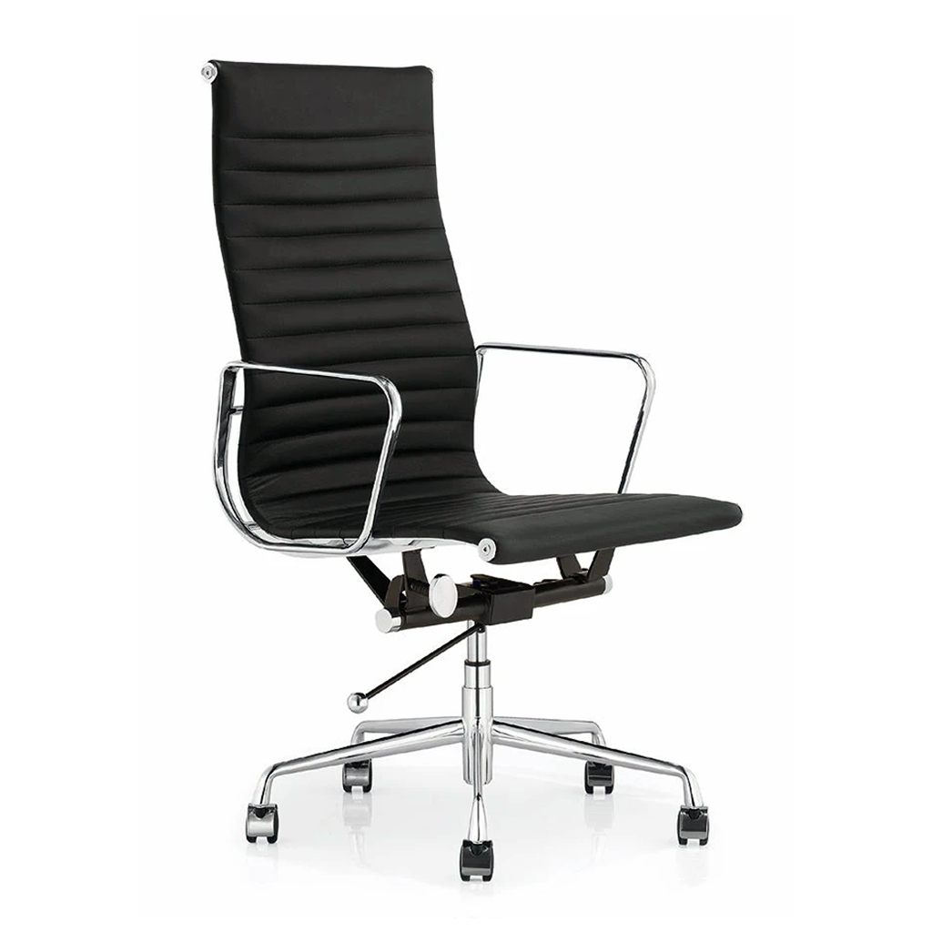 Eames Style Executive High Back Office Chair (Premium PU Black / Brushed Aluminium Frame)