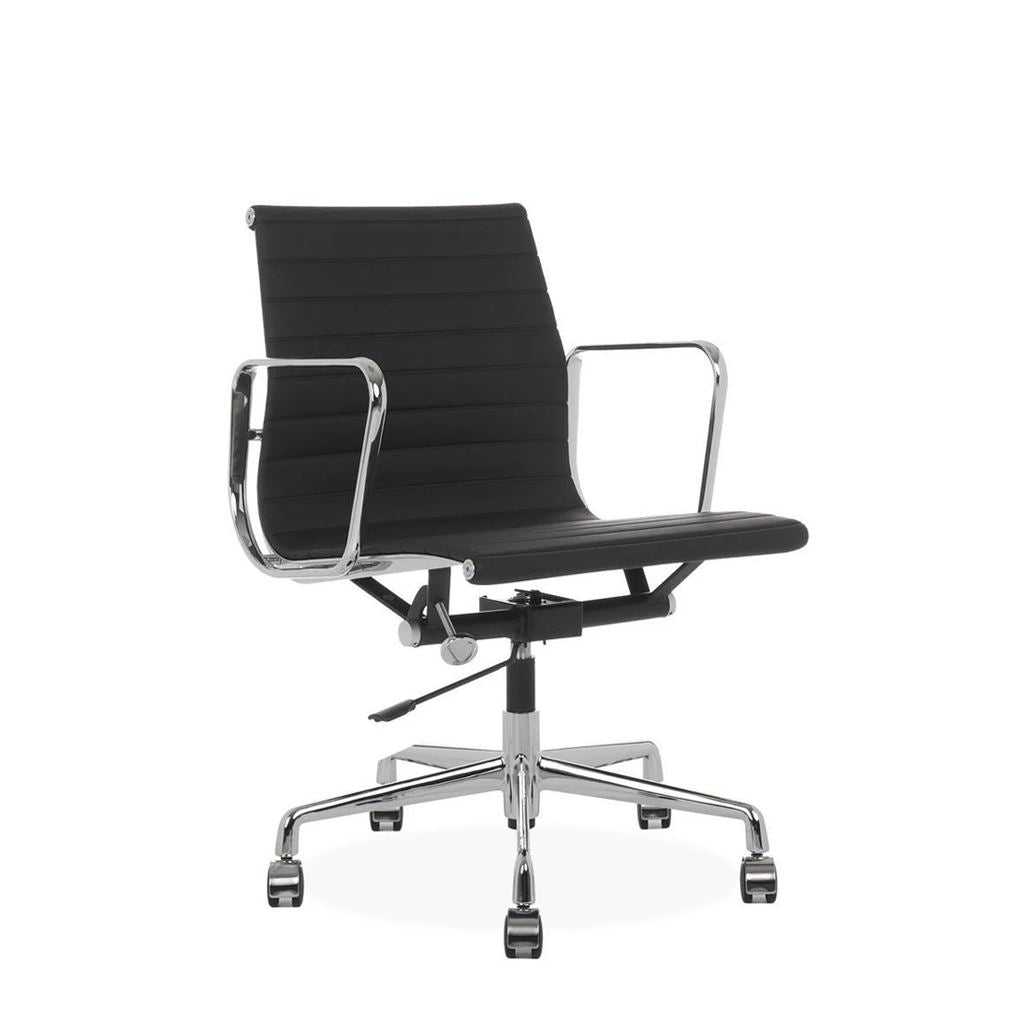 Eames Style Executive Low Back Office Chair (Premium PU Black / Brushed Aluminium Frame)
