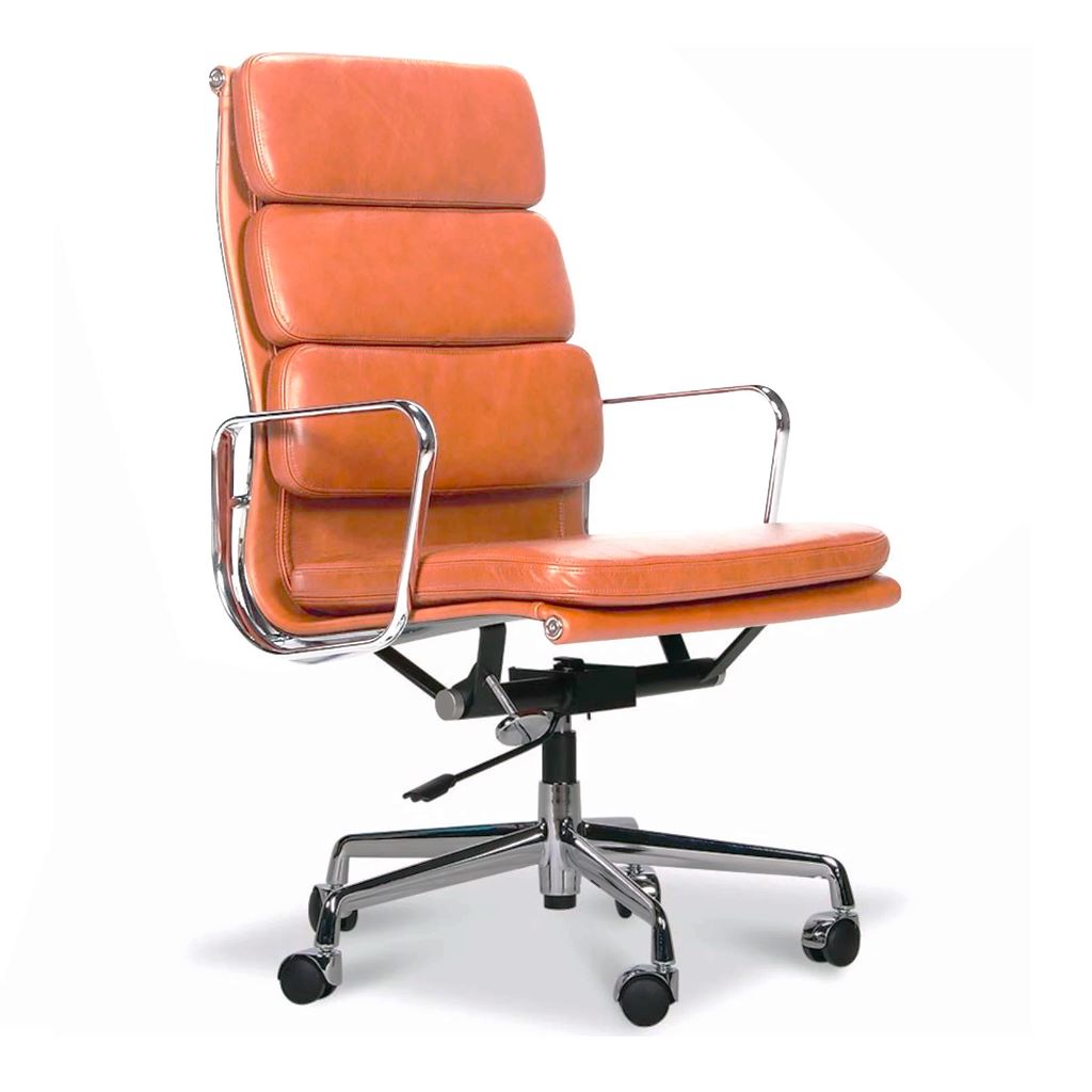Eames Style Executive Soft Pad High Back Office Chair (Premium PU Tan / Brushed Aluminium Frame)