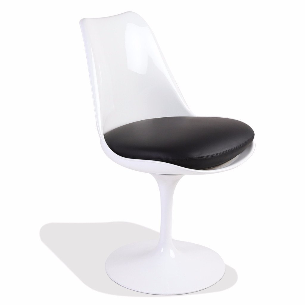 Saarinen Style White Tulip Side Chair Fiberglass (Black Leather Seat) - Nathan Rhodes Design